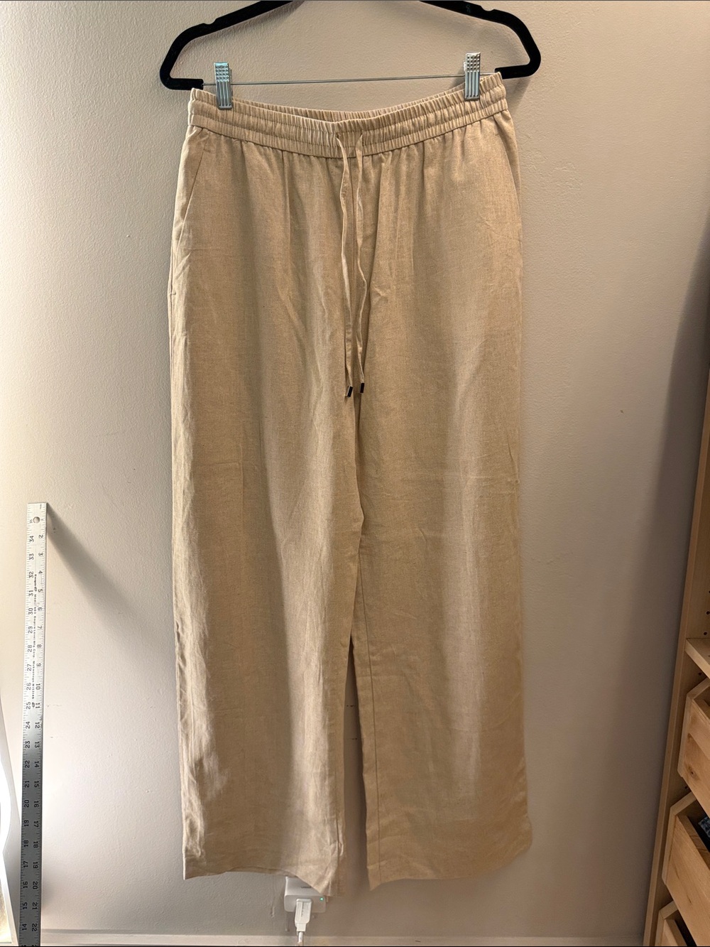 Women Tan Linen Zara Beige Wide-Leg Drawstring Linen Pants Size L
